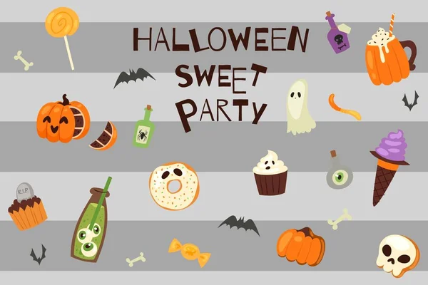 Halloween gruselig Süßigkeiten Partei Vektor Illustration. Lutscher, Totenkopfkuchen, Kürbis mit Gummiaugen, Donut-Schokolade und Fledermäuse. Hintergrund für Halloween-Party entkleidet. — Stockvektor