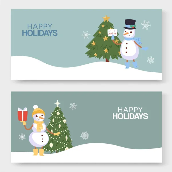 Happy winter holidays, New Year and Christmas vector illustration of two banners. Winter landscape with snowflakes, christmas tree and cartoon snowmen for winter hoidays. — Stock Vector