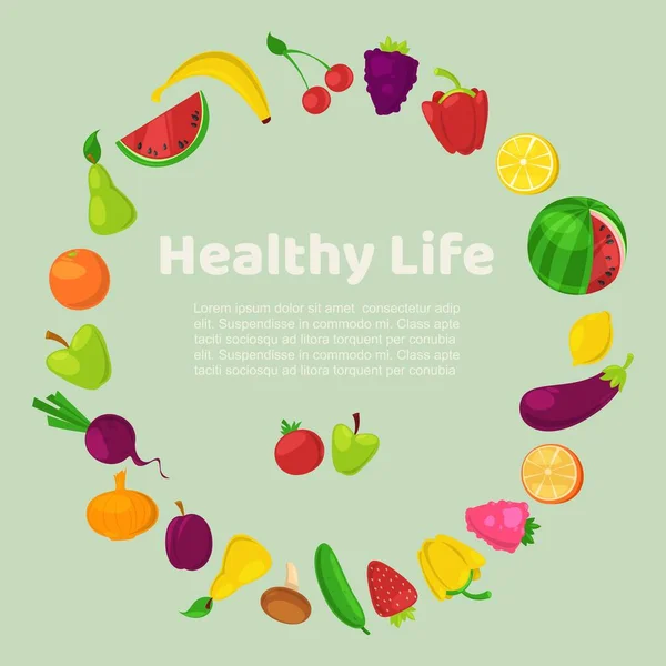 Λαχανικά, φρούτα και μούρα διανυσματική απεικόνιση της υγιούς οικολογικής χορτοφαγικής ζωής. Υγιεινός τρόπος ζωής vegans και οικολογική έννοια των τροφίμων για το μενού ή το εξώφυλλο του βιβλίου. — Διανυσματικό Αρχείο