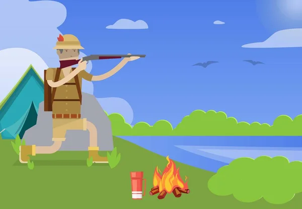 Hunter con ilustración de vectores de armas. Arma y escopeta, caza deporte, pato y tirador personaje de dibujos animados en la caza en el paisaje de verano con tienda y chimenea . — Vector de stock