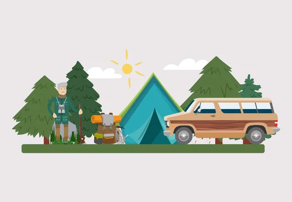 탐색 장비 벡터 일러스트. huntsman amunition collect with tent and car at Forest outside. 공원 야외에서 텐트와 자동차 수집. 리플, 총, 위장 배낭을 든 사냥꾼. — 스톡 벡터