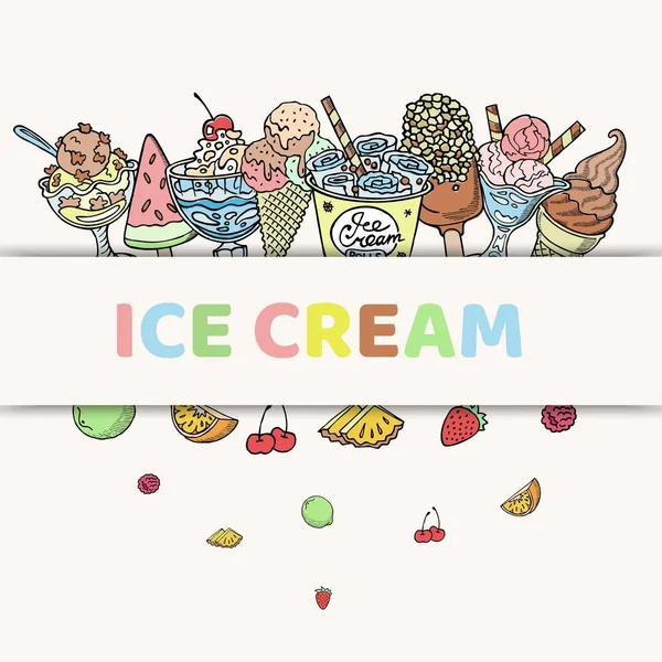 Мороженое и замороженный йогурт в бумажном стаканчике для еды на вынос, вафельные рожки и фрукты, векторная иллюстрация. Различные вкусы фруктов в замороженных йогуртах и мороженом из сандалий . — стоковый вектор