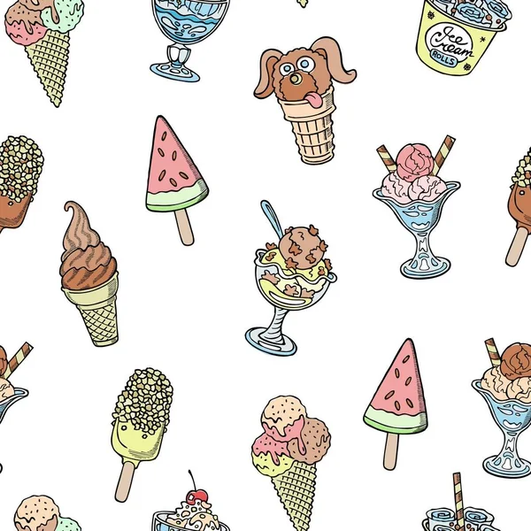 Helado dibujado a mano garabatos patrón de vectores sin costuras. Ilustración de cucharadas de helado de chocolate en gofres, conos y helados en forma de animales y frutas . — Vector de stock