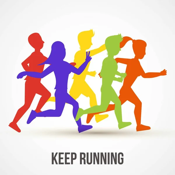 Continuez à utiliser l'illustration vectorielle. Poster de la Journée mondiale de la santé. Sauver le concept de santé. Les gens font du jogging, s'entraînent. Silhouettes de coureurs colorés pour bannière, couverture publicitaire . — Image vectorielle