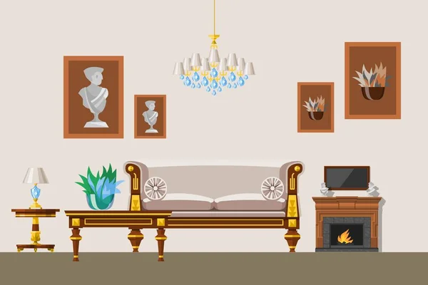 Interieur van de woonkamer in oude victoriaanse stijl met lounge en klassieke stijl meubels, vector illustratie. Klassiek interieur en meubilair met open haard, foto 's en kroonluchter. — Stockvector