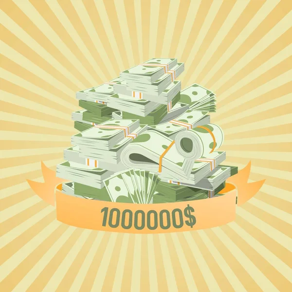 Pile of bundles with money with million dollars win vector illustration on vintage stripped background. Business, banking or casino win concept. Cash dollars money pile. — Stock Vector