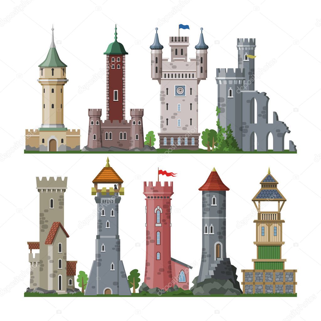 Medieval tower vector cartoon castle fairytale of fantasy palace building in kingdom fairyland illustration set of historical fairy-tale house isolated on white background