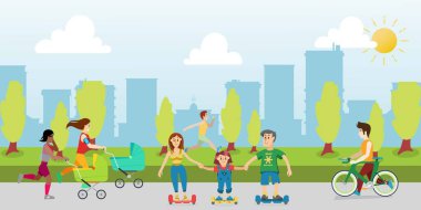 Park karikatür çiziminde spor ve eğlence. İnsanlar dışarıda dinlenerek zaman geçirir. Ebeveynler ve çocuklar parkta, genç anneler bebek arabalarıyla koşuyor. Bisikletli adam.