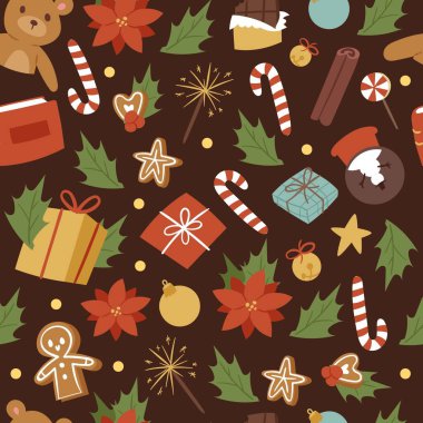 Mutlu Noeller ve Kış Tatili için klasik çizgi film kusursuz vektör deseni. Noel oyuncakları. Hediyeler, şekerler, omella yaprakları ve top, esmer ambalajlı zencefilli adam.