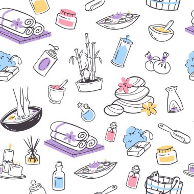 Spa, sağlık ve güzellik vektörleri için organik kozmetik ürünleri. Manikür, pedikür ve sauna için Doodle spa konsepti, sağlık kulübü malzemeleri ve eko organik kozmetik ürünleri.