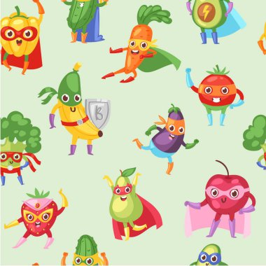 Süper kahraman meyve ve sebze vektörü kusursuz desen. Şirin muz, brokolili patlıcan, soğan, maskeli avokado ve kahraman pelerini. Süper kahramanlar sağlıklı yiyecekler.