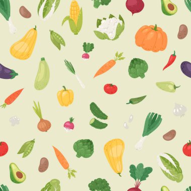 Organik sebze vektörü kusursuz desen. Sağlıklı bahçe sebzeleri. Avokado, mısır, kabak, kabak ve domates, patlıcan, havuç ve biber. Organik yiyecekler.