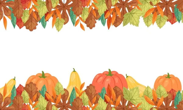 Folhas de outono e abóboras bandeira horizontal, ilustração vetorial. Outono estação colheita abóbora vegetal, laranja maple folhagem cartaz para folhas de outono temas design . — Vetor de Stock