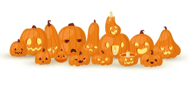 Halloween horror pompoenkoppen Jack o laterns vector illustratie geïsoleerd op wit. Pompoenen familie met vuur en enge gezichten voor hallowen poster. — Stockvector
