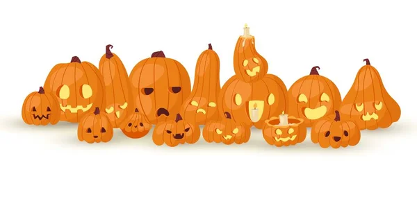 Halloween horror tökfejek Jack o laterns vektor illusztráció elszigetelt fehér. Pumpkins család tűzzel és ijesztő arcok hallowen poszter. — Stock Vector