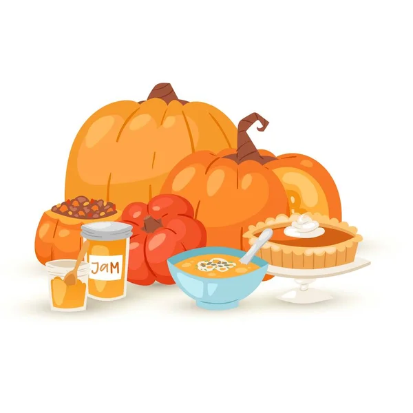 Pumpkins yemek tabakları vektör çizimi izole edildi. Vejetaryen unsurlar, balkabağı turtası, kremalı çorba, reçel ve balkabağı kafalılar. Cadılar Bayramı yemek koleksiyonu seti. — Stok Vektör