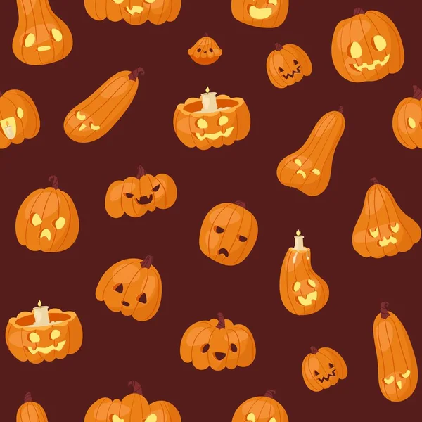 Têtes de citrouilles Halloween avec des visages effrayants motif vectoriel sans couture. Fond sombre avec des têtes de citrouille. Pour scrapbooking sacré, cadeaux, tissus, textiles. Jack o têtes d'horreur latérales . — Image vectorielle