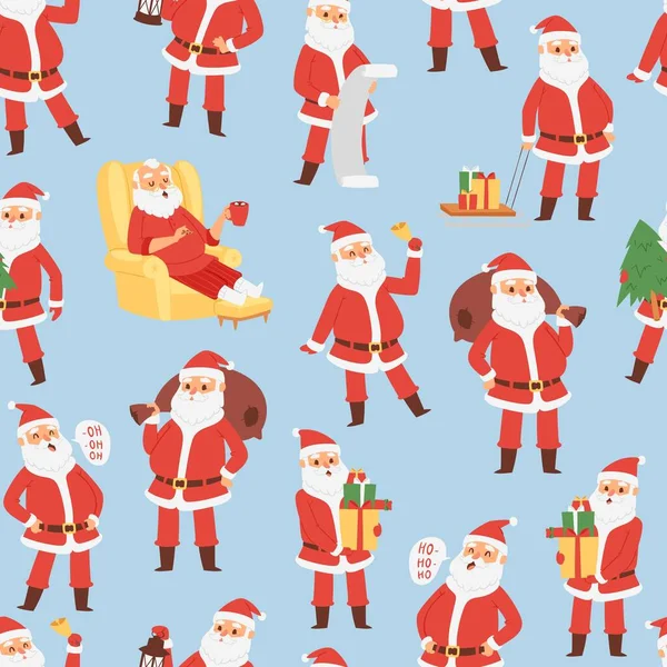 Веселого Рождества и счастливого Нового Года бесшовный узор с Санта-Клаусом и подарки, векторные иллюстрации. Санта с сумкой, говорит хо-хо, держит подарки и сидит в кресле . — стоковый вектор