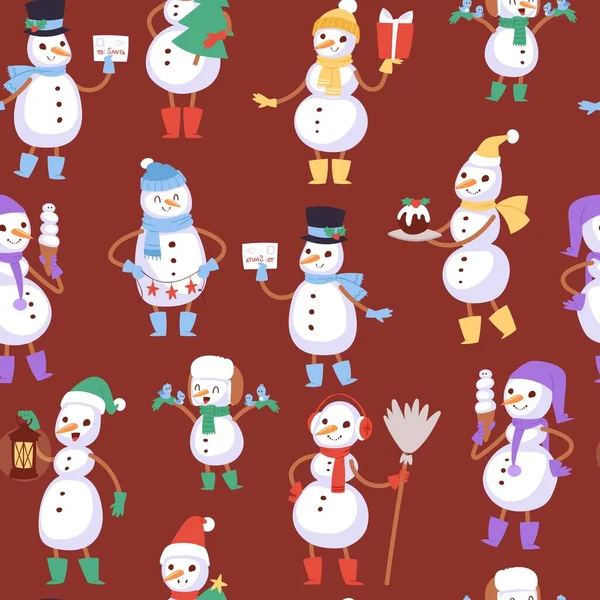 Joulun lumiukkoja saumaton vektori kuvio ja vektori kuva. Sarjakuva tasainen lumiukko tilalla nurmikko, seppele, browstick ja kirjain, lintuja ja lahja . — vektorikuva