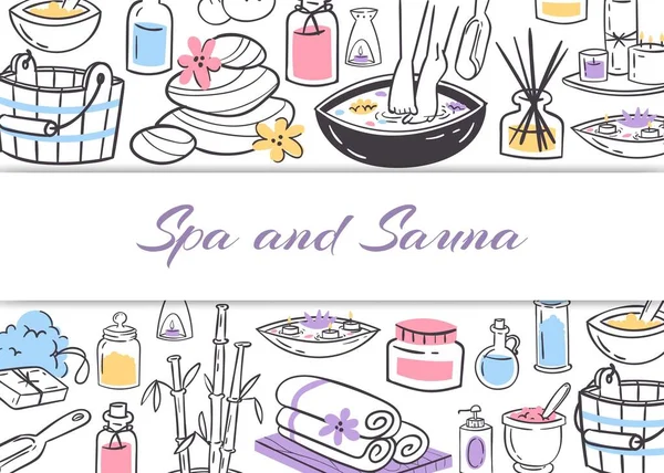 Spa e sauna, senhoras saúde e beleza vetor doodles ilustração cartaz. Conceito de spa para manicure, pedicure e sauna, suprimentos de health club, ferramentas e texto . — Vetor de Stock