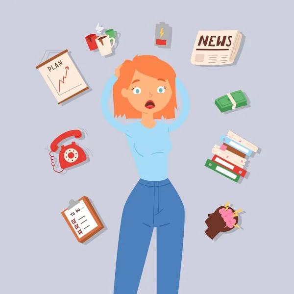 Woman in stress and panic vector illustration. Lady surrounded by calendar, shedule, brain storm and money problems, telephone calls. Concept for job stress at work.