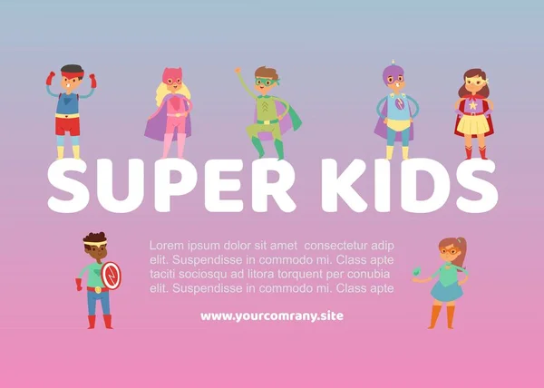 Szuperhős gyerekek jelmezben vektor web illusztráció vagy poszter. Gyerekek öltözött szuperhős jelmez álarcos, rajzfilm karakterek. Aranyos kis szuperhős gyerekek gyűjteménye. — Stock Vector