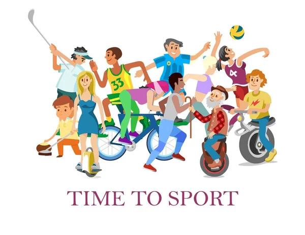 Čas na sport s karikaturou sportovní mladí a staří lidé vektorové banner ilustrace. Sportovci a dospělí a děti cvičí. Fyzická aktivita a zdravý životní styl. — Stockový vektor