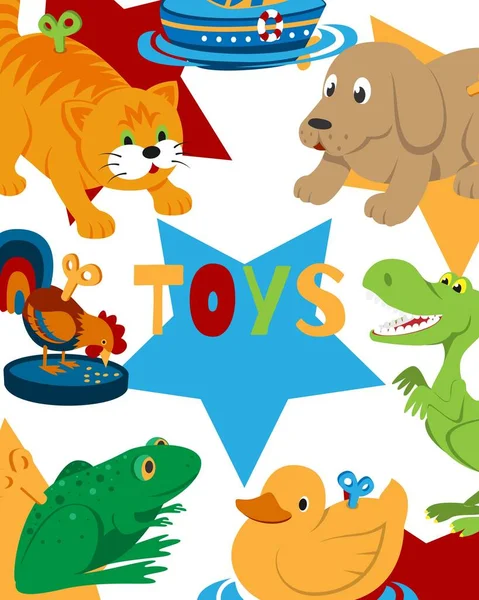 Hodinové hračky s klíčovou vektorovou ilustrací. Plakát mechanického hračkářství pro dětské hračky s mechanismem pro děti. Zvířecí hodiny práce kočka, pes, kachna a žába izolované na bílém pozadí. — Stockový vektor