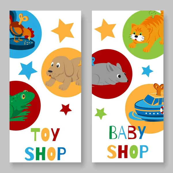 Tienda de juguetes para niños vertical banner vector ilustración. Banderas Toyshop para la venta o descuento de juguetes para bebés. Reloj animal trabajo gato, perro, pato y rana aislado sobre fondo blanco . — Vector de stock