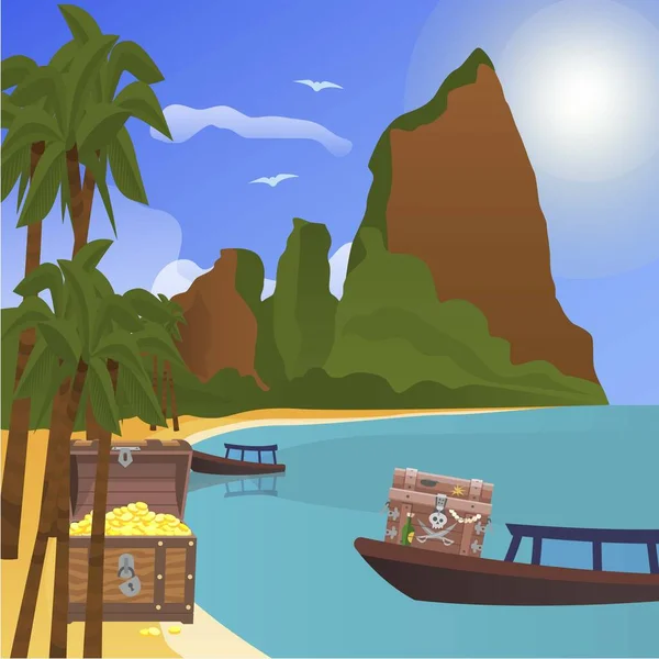 Tesoro isla tropical con cofres de oro vector ilustración. Troncos de piratas monedas de oro en barco cerca de la isla del tesoro desierta en el océano. Palmeras en la playa y cofres de oro . — Vector de stock