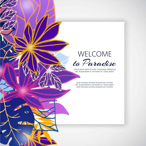 Paradise neon violet flowers and leaves vector illustration. Ornament. Fantastic flower with leaves on dark violet background. Glowing fairy plants. Welcome to paradise quote. — Stock Vector