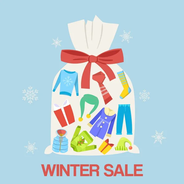 Vente de cadeaux d'hiver et illustration vectorielle discount. Sac avec ruban de tissus cadeaux d'hiver et cadeaux sur fond de flocons de neige. Bannière pour la vente de chiffons . — Image vectorielle