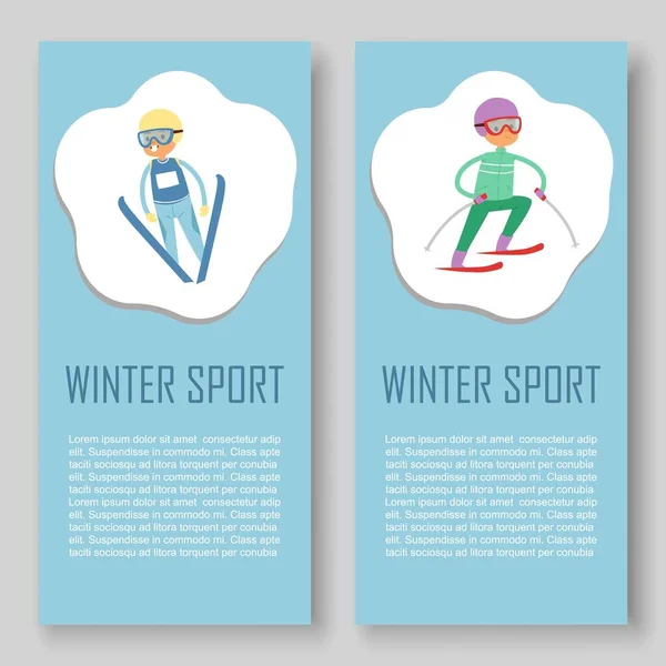 ชุดป้ายกีฬาเวกเตอร์สกีและฤดูหนาว ภาพการ์ตูนของนักกีฬาสกี ขี่หิมะ สกีฟรีสไตล์ และกระโดดสกี . — ภาพเวกเตอร์สต็อก