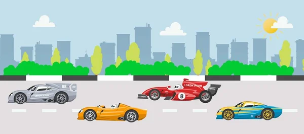 Rally and karting racing speed cars vector illustration on cityscape. Race sport road with speed fast karting automobiles on rally with city building background. — Stock Illustration Rally and karting racing speed cars vector illustration on cityscape. Race sport road with speed fast karting automobiles on rally with city building background. Royalty Free Stock Vectors