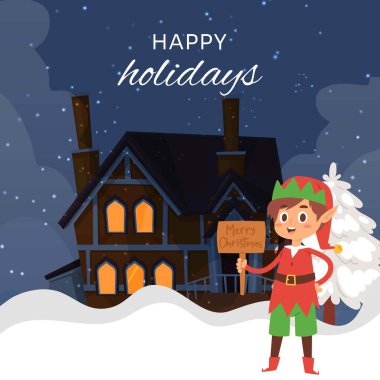 Gece karanlığında Noel elfi. Pencerelerinde ışık olan çizgi film yazlık evi olan karikatür çizimi. Sevimli elfle mutlu noel tebrik kartı.