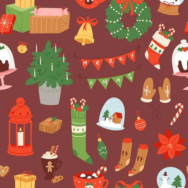 Vrolijk kerstfeest en wintervakantie Scandinavische objecten cartoon naadloze vector patroon. Kerstsokken, geschenken, snoepjes, mistletoe bladeren krans en lantaarn, slinger. — Stockvector