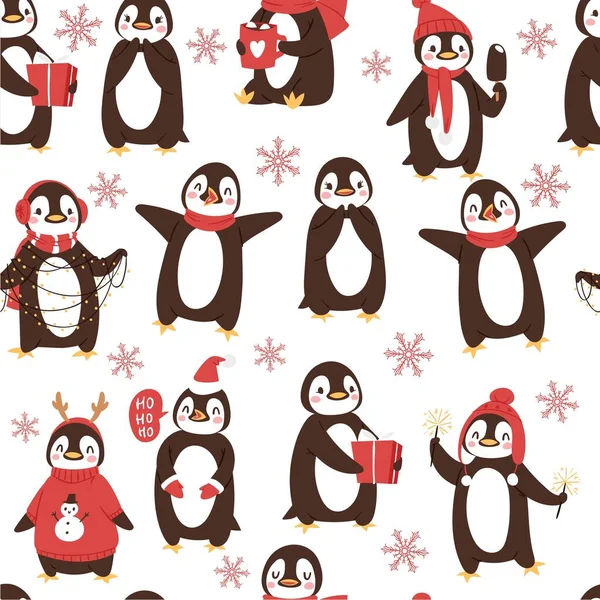 Pinguins bonitos padrão vetor sem costura com desenhos animados natal e férias de inverno pássaros árticos e animal s pano de fundo. Ilustração com animais selvagens pinguins fundo . —  Vetores de Stock