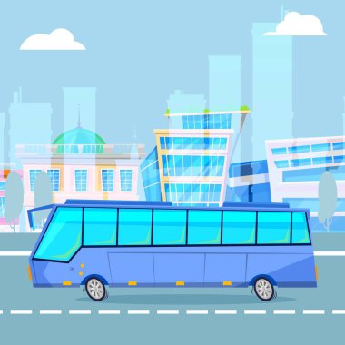 Şehir manzarası karikatür çizimi üzerinde turist otobüsü sürüyor.