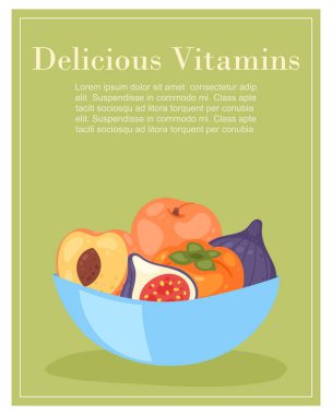 Lezzetli vitaminler, tropikal meyve karikatür vektör illüstrasyon posteriyle..