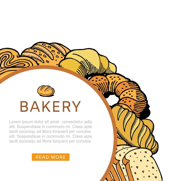 Bäckerei Brot und Gebäck Posterskizze Ikonen von Bagel, Brezel, Croissant, Baguette und Laib, Kuchen, Backwaren Vektor Illustration. — Stockvektor
