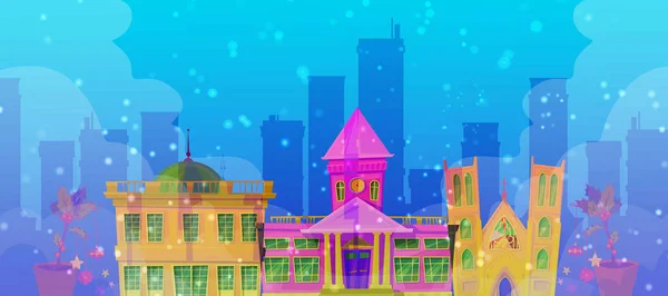 Χριστουγεννιάτικη πόλη μυστικιστικό φόντο με νυχτερινή σκηνή δρόμο με victorian και γεωργιανού στυλ σπίτια, καταστήματα και άλλα κτίρια στην απεικόνιση διάνυσμα χιόνι. — Διανυσματικό Αρχείο