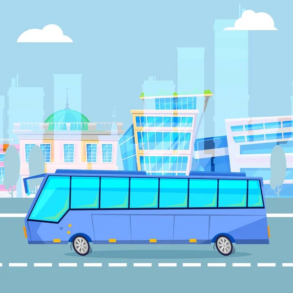 City tourist driving bus on cityscape cartoon vector illustration. — 스톡 벡터