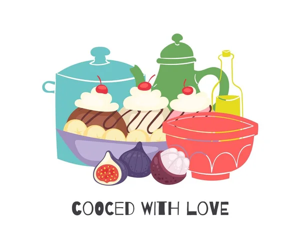 Cucinato con amore cupcake fatti in casa con ciliegia e panna, isolato su illustrazione vettoriale bianca . — Vettoriale Stock