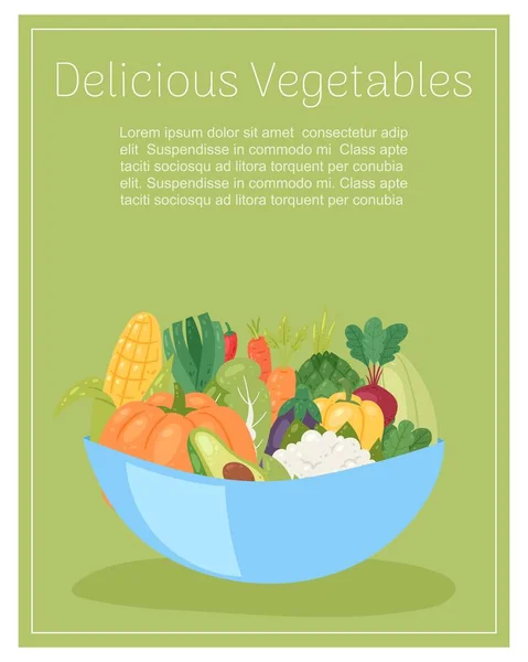 Pyszne warzywa w misce do sałatki organiczne i zdrowe żywności wektor kreskówki ilustracja. — Wektor stockowy