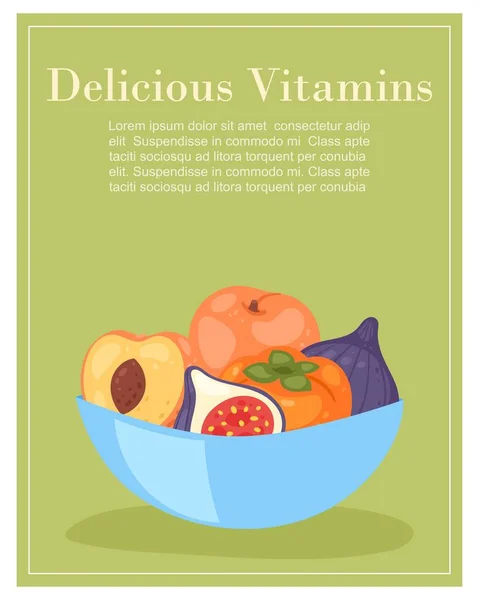 Delicious vitamins bowl with tropical fruits cartoon vector illustration poster. — Stock Vector