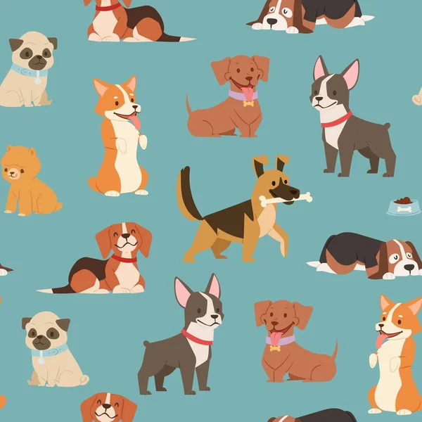 Honden en pups verschillende rassen inpakpapier met husky, bulldog, schnuzer, spaniel vector naadloze patroon illustratie. — Stockvector