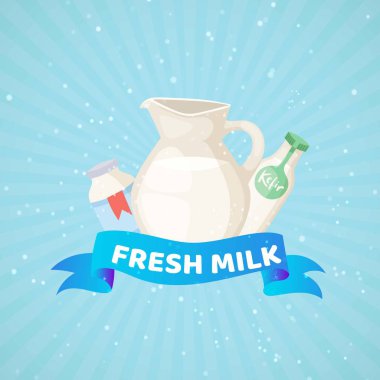 Fresh milk product dairy banner with branded milky bottles cream and kefir with banner and text vector illustration. clipart