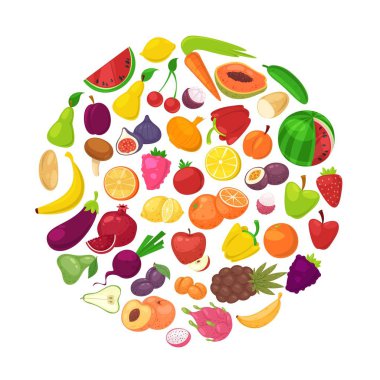 Meyve ve sebzeler, beyaz arkaplan vektör illüstrasyonunda izole edilmiş çemberde sağlıklı..