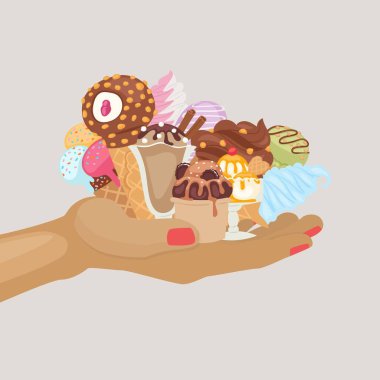 Dondurmalı waffle külahları, bir kepçe çikolatalı vanilyalı dondurma, fındıklı, reçelli ve meyveli dondurma..