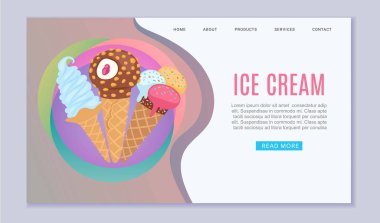 Dondurmalar, kepçe kepçeli waffle konileri tatlı web vektör şablonu çizimi.